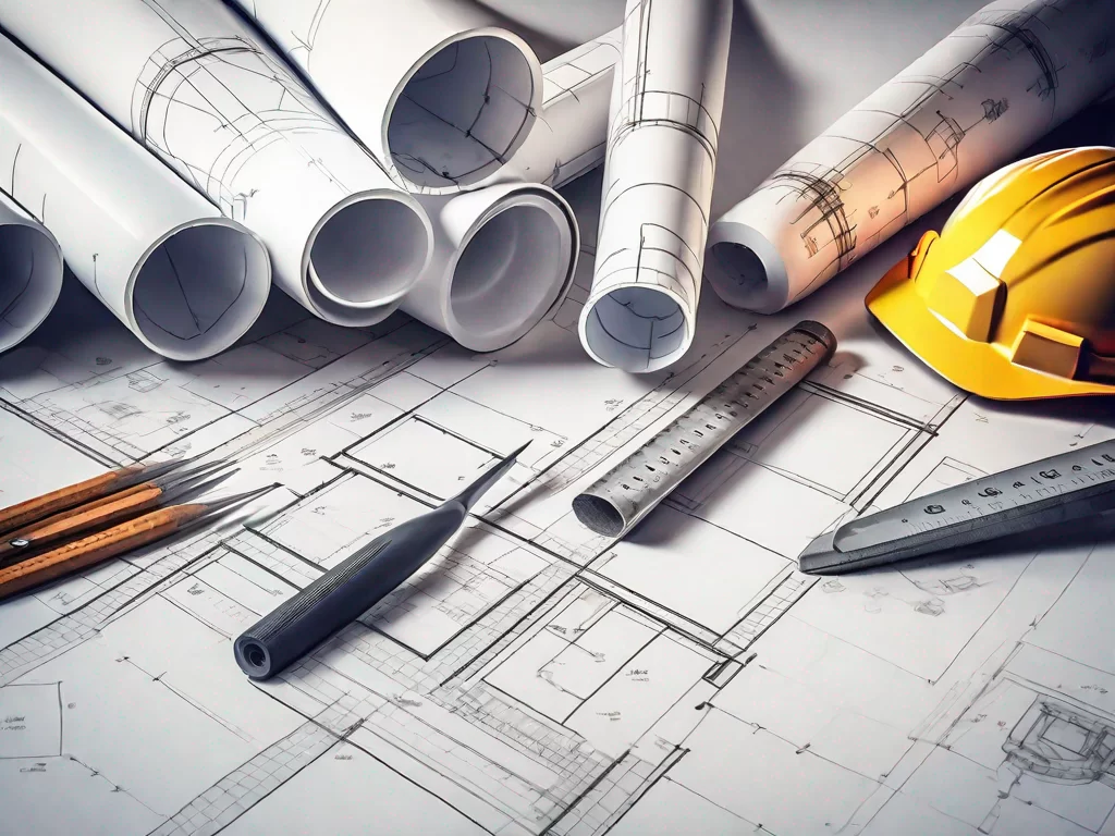 Various construction tools like a blueprint