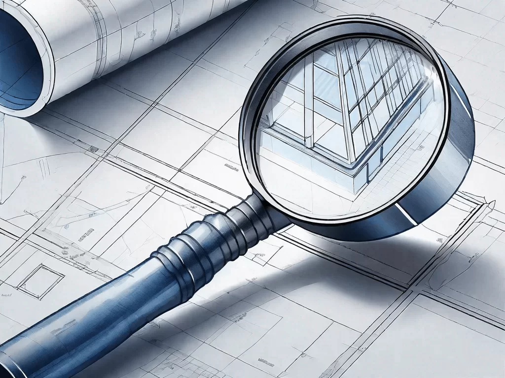 A blueprint of a building with a magnifying glass over it