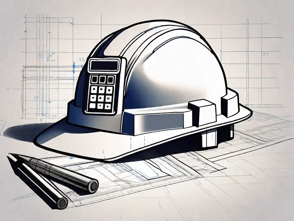 A blueprint with a calculator and a hard hat on top