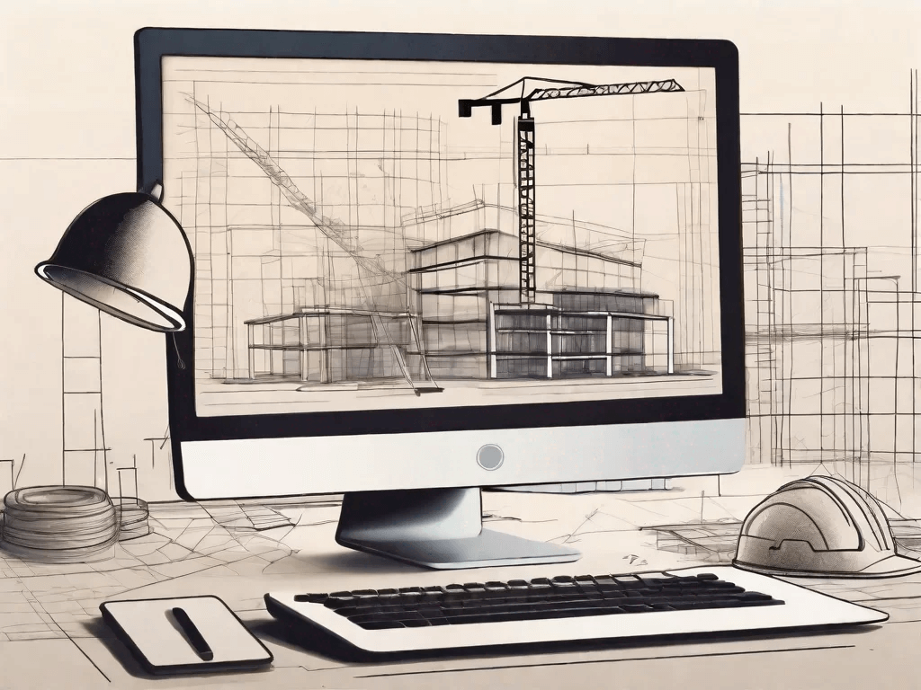 A computer displaying a construction site with various measurements and calculations