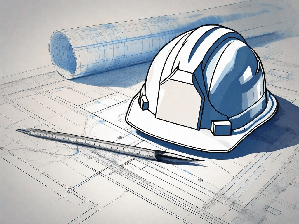 A blueprint with a calculator and a hard hat