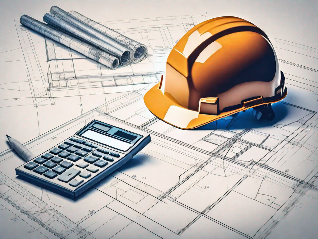 A construction blueprint with a calculator and a hard hat