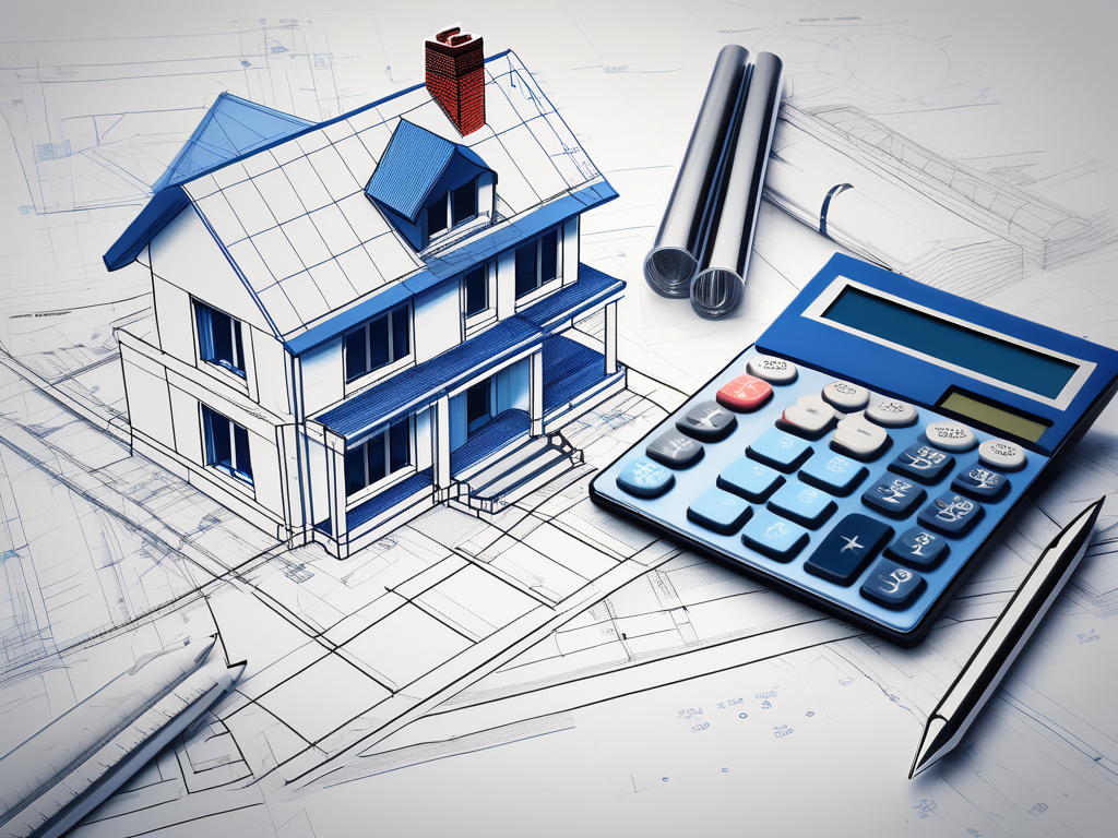 A blueprint of a house with a calculator and a pile of british pounds