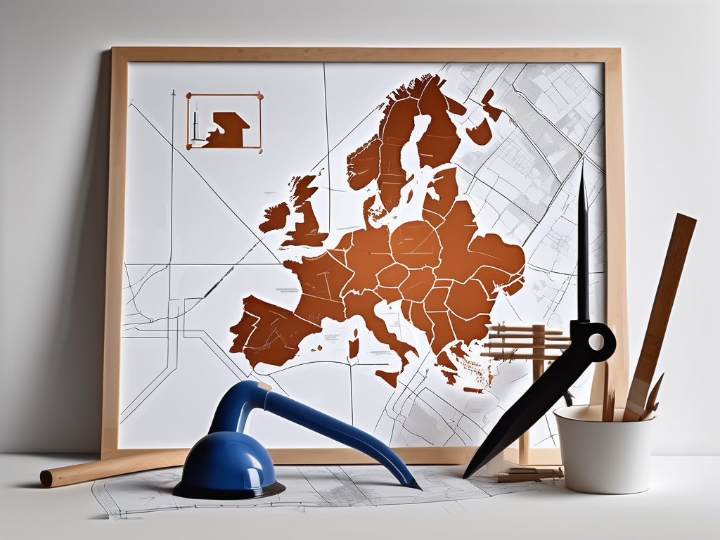 Various construction tools and architectural blueprints superimposed on a silhouette of the uk map