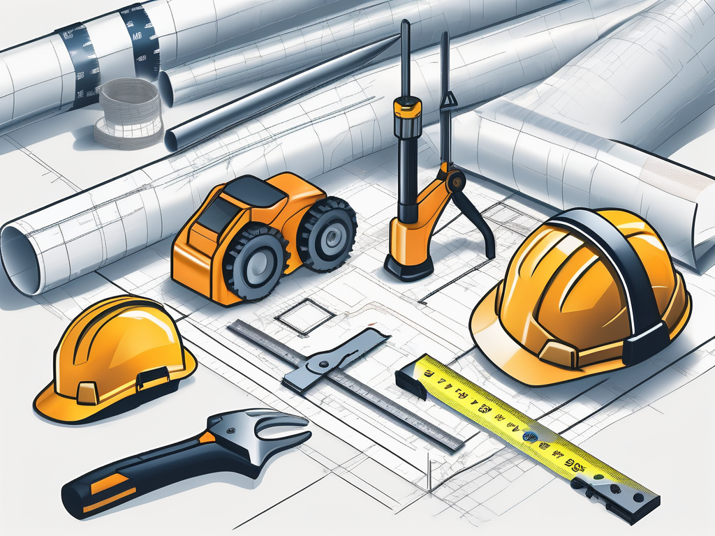 A building estimate calculator surrounded by various construction elements like blueprints