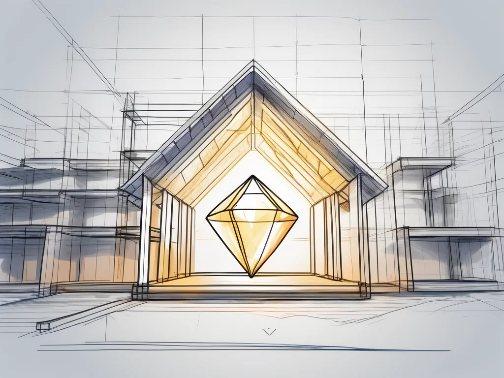 A construction blueprint with a glowing gem incorporated into the design