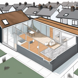 A partially constructed home extension with various building materials scattered around