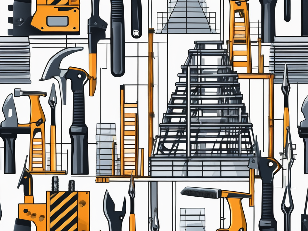 A symbolic backbone structure made up of various construction tools and materials