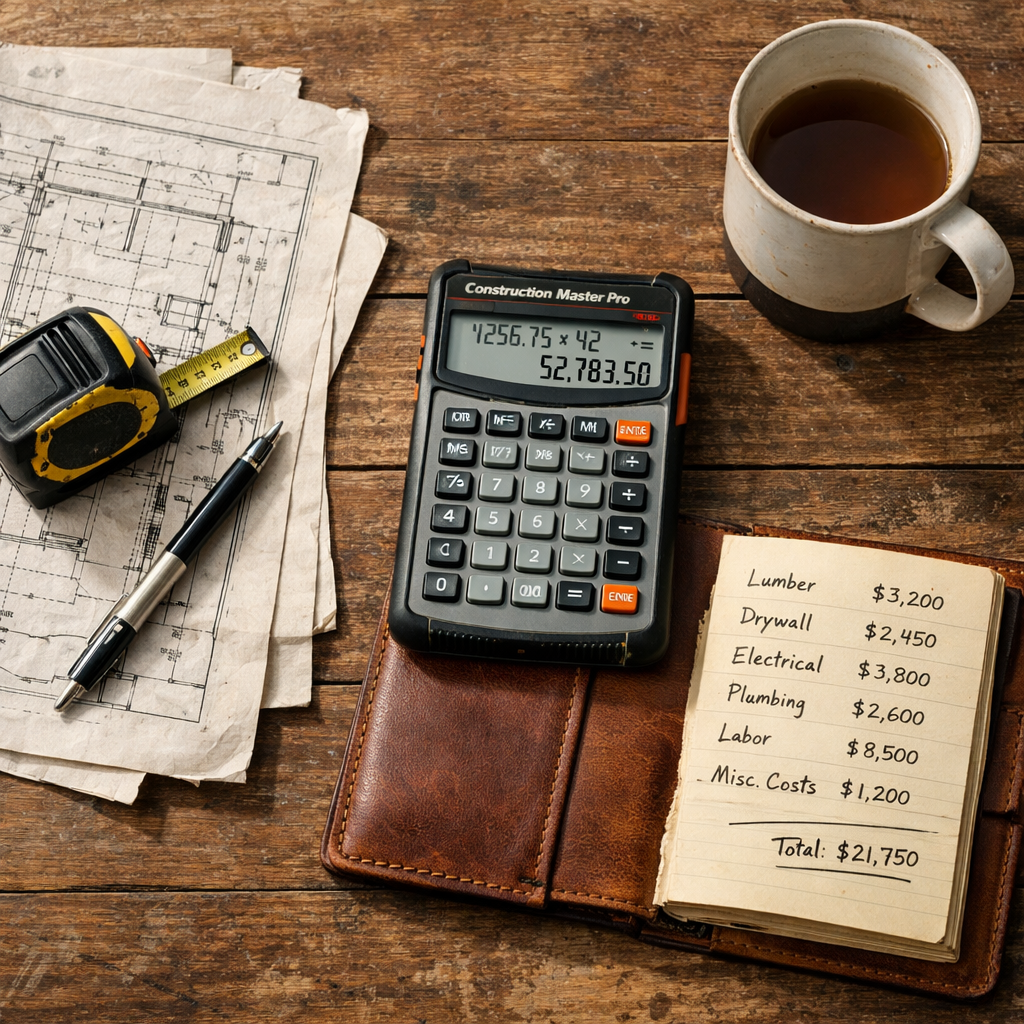 Builder's estimating workspace with calculator, blueprints and tea