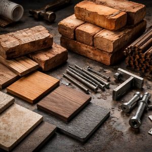 Construction materials and planning documents representing hard costs and soft costs