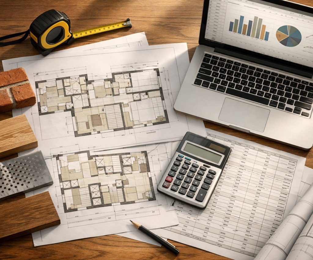 Construction budgeting desk with plans, calculator, and material samples