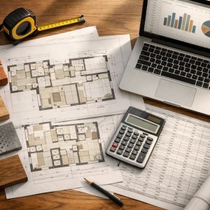 Construction budgeting desk with plans, calculator, and material samples