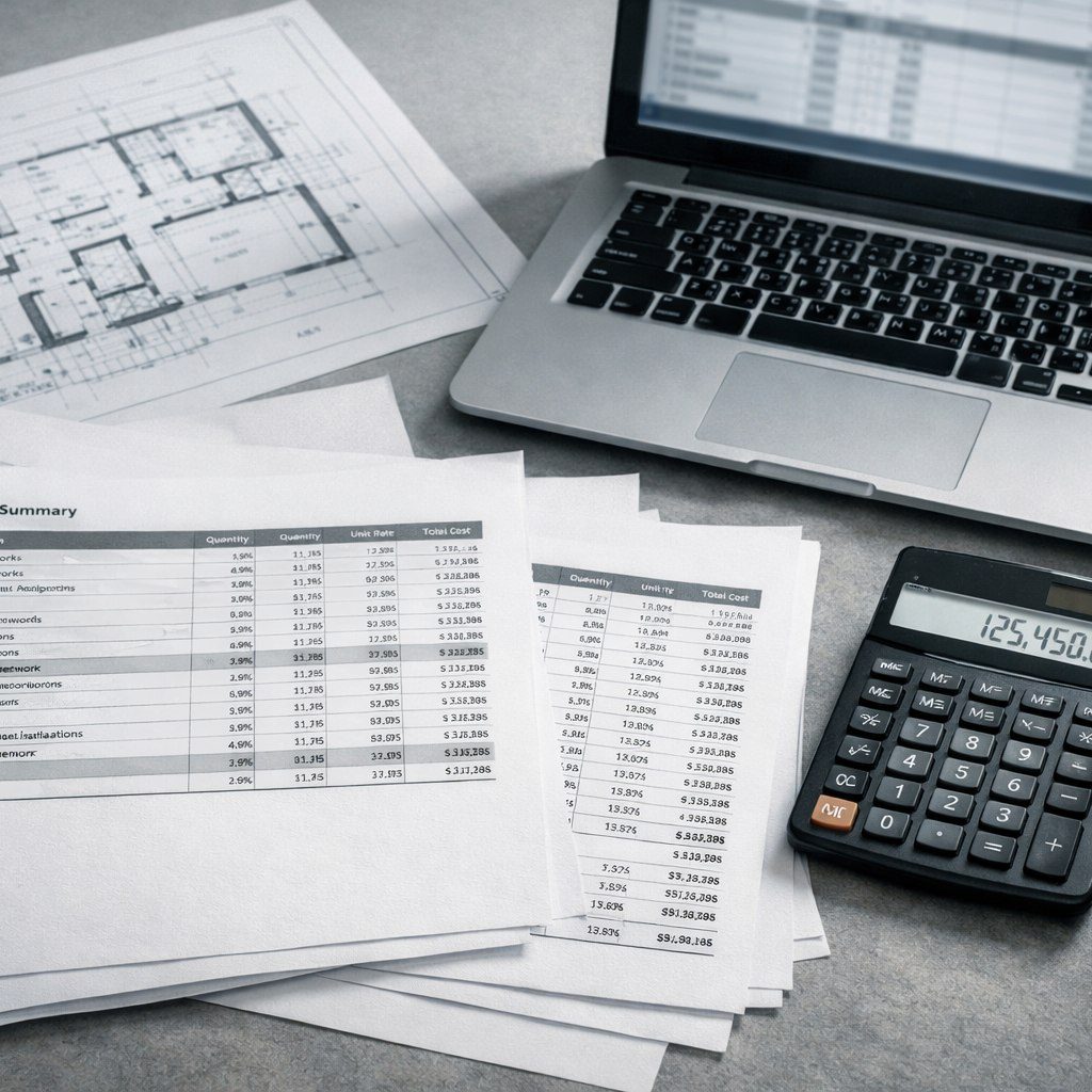 Tender summary sheets, plans, calculator and laptop on desk