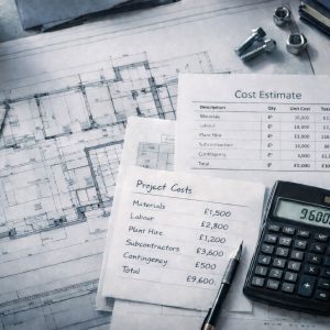 UK building estimate workspace with plans and cost sheet