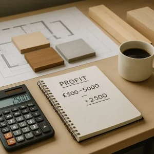 Photorealistic editorial image for UK builders margin planning with calculator, plans and material samples