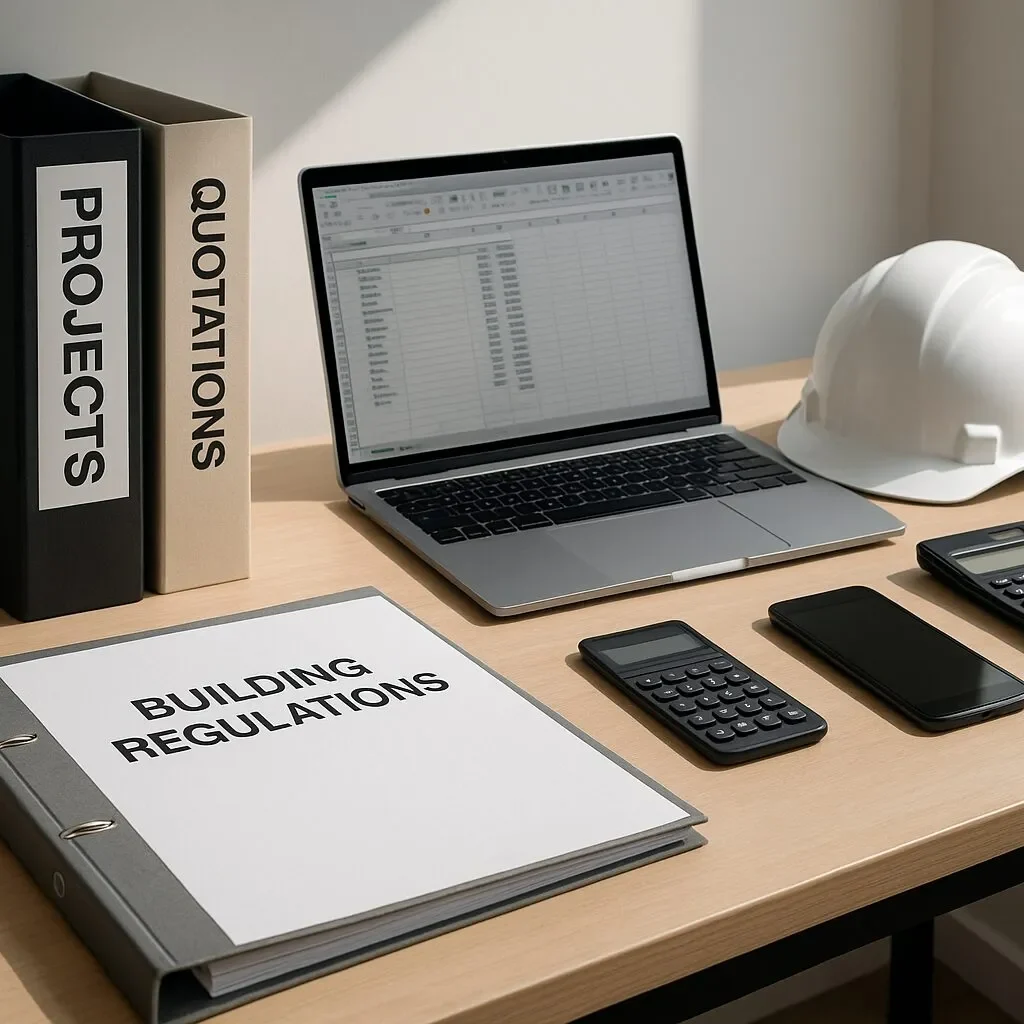 Photorealistic editorial image for UK construction business growth with project files, calculator and planning desk